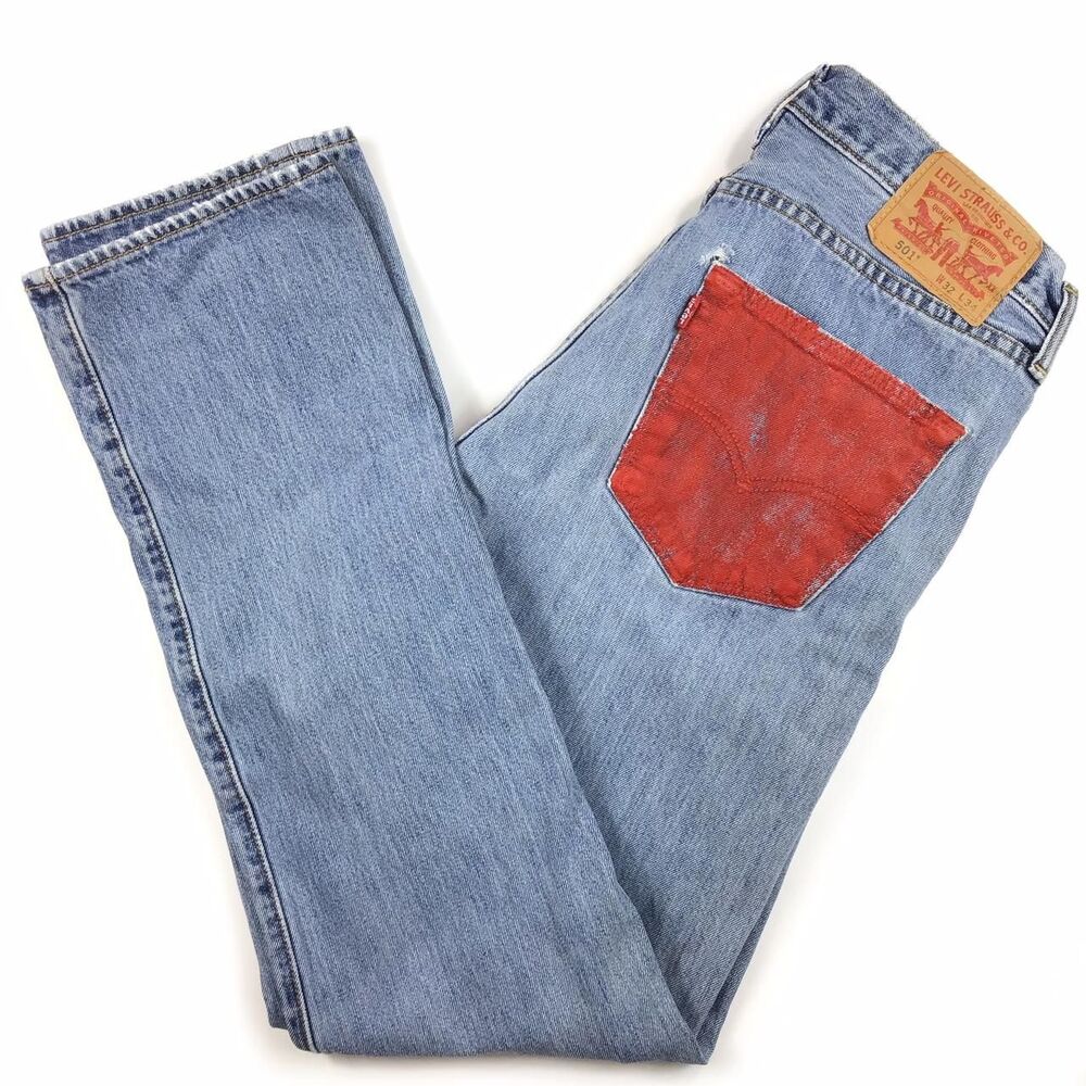 Levi's 501 32 x 34 embellished red pockets faded boho distressed festival button - Picture 2 of 4